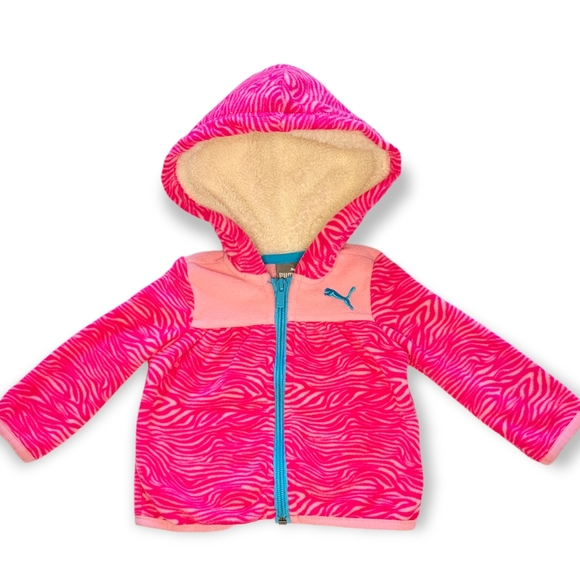 Puma Girls Pink Striped Fleece Hooded Coat 0-3 Months - Picture 1 of 6